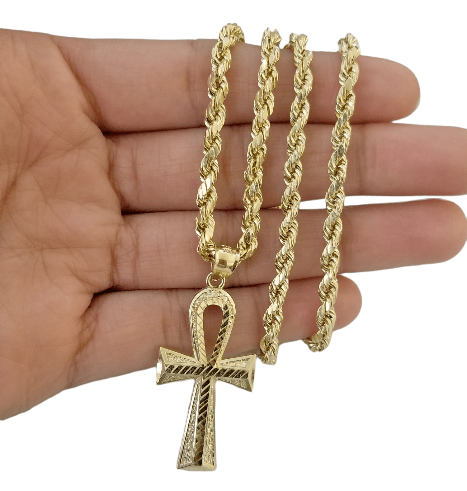 Real 10k Yellow Gold Ankh charm pendant 1.5" Diamond Cuts Cross Charm for Chain - GoldenlinQ